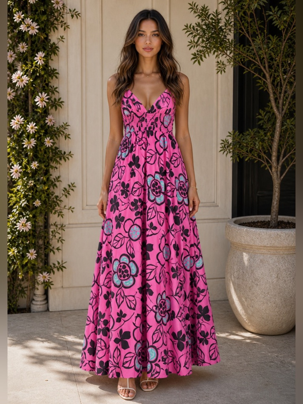 Zara Pink Floral Smocked Midi Dress Strappy A-Line Pockets Womens XS New NWT